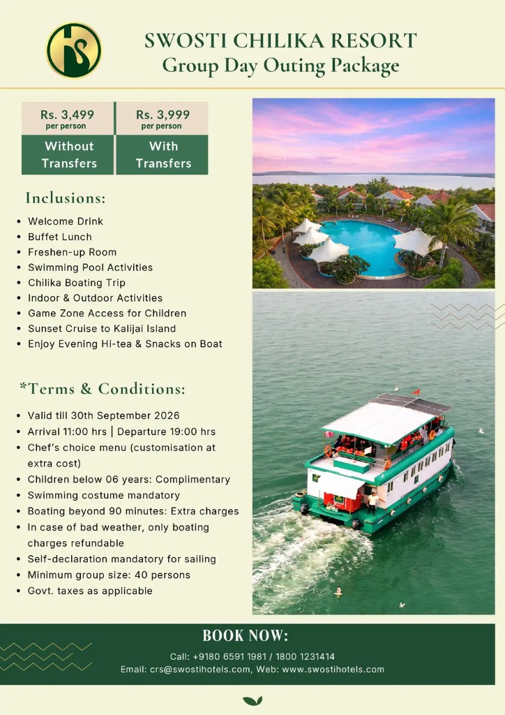 Swosti Chilika Resort Group Day Outing Package — from Rs. 3,499 per person, valid till 30 September 2026